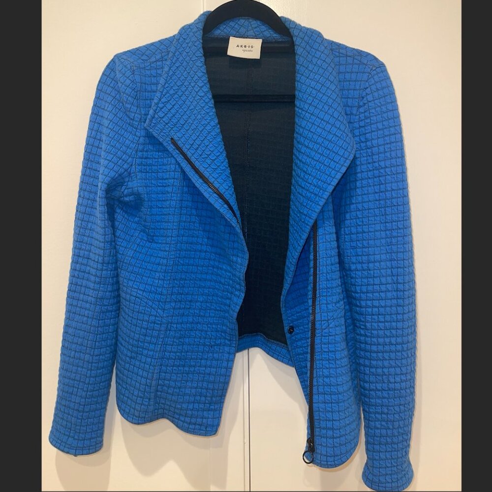 Akris Punto Jacket Women's 8 Cerulean Blue Checkered Collar Biker Moto Zip